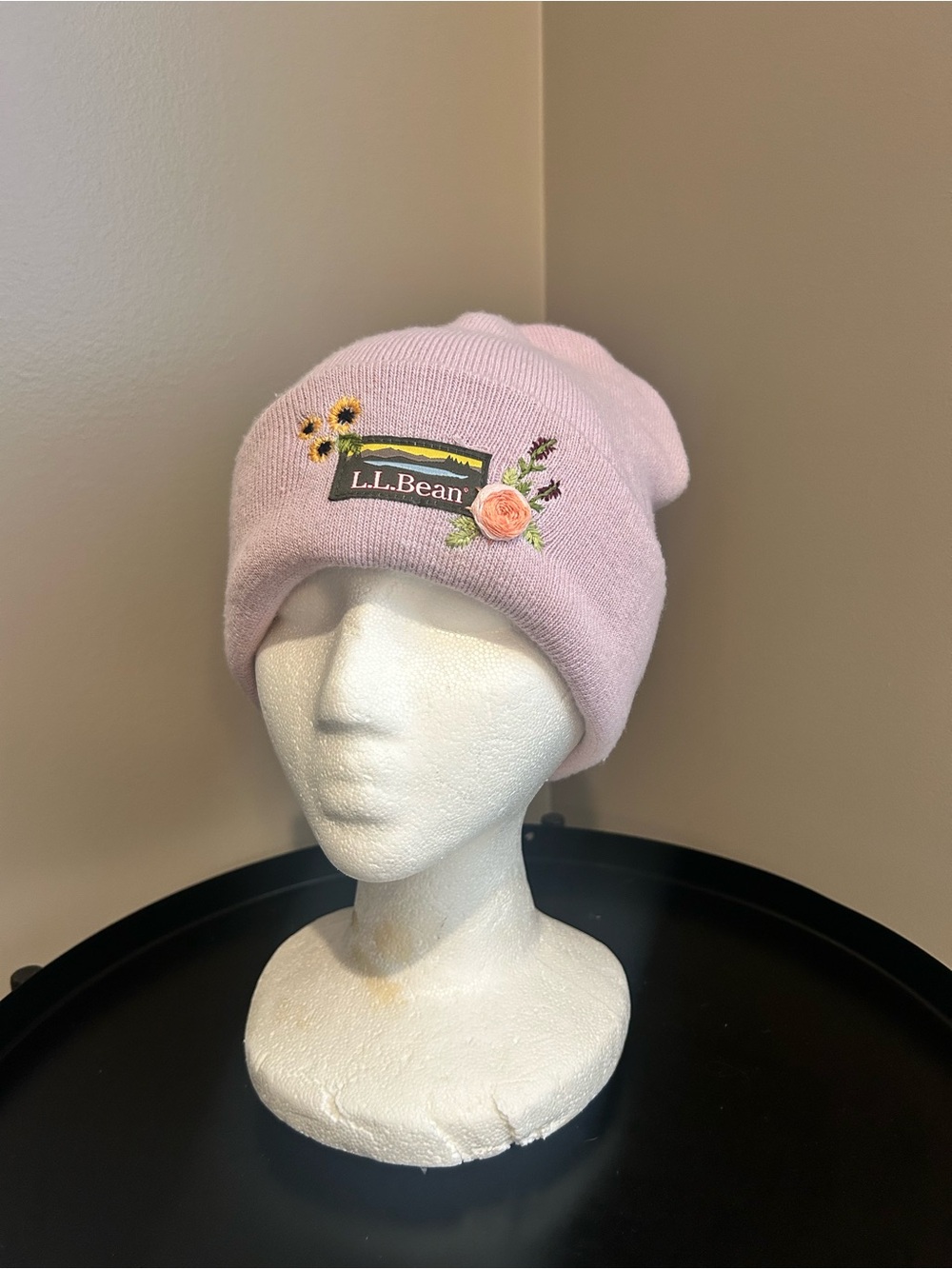 Custom Hand-Embroidered L.L.Bean Beanie - Iced Orchid Floral Knit Hat